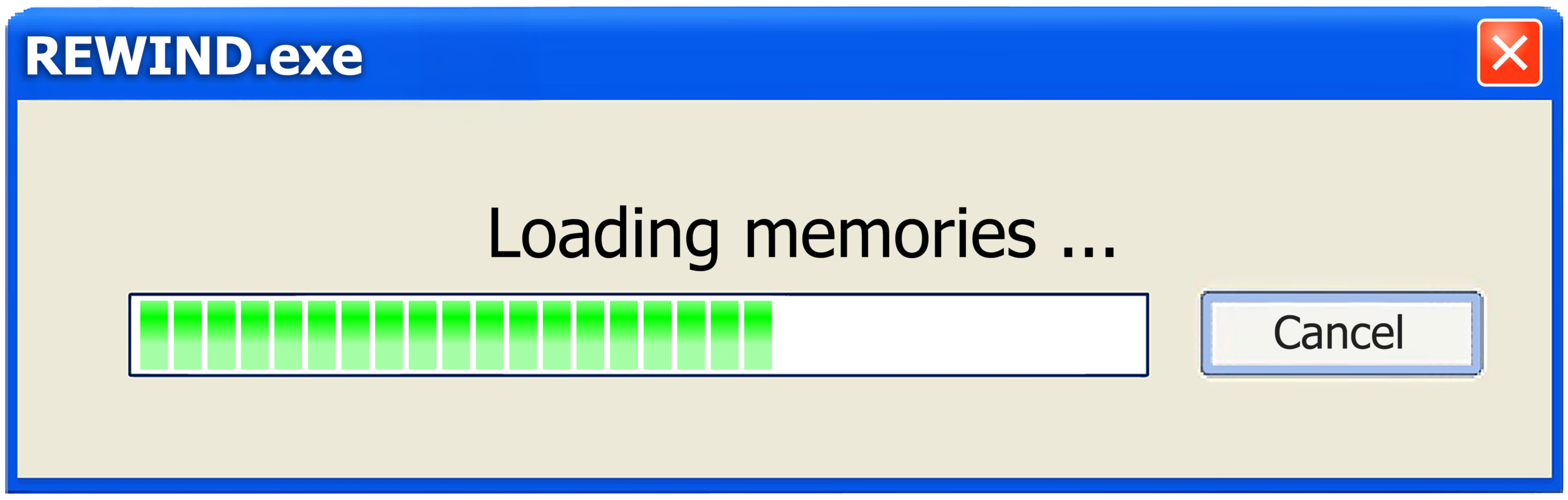 Retro-Programmfenster „REWIND.exe“ im Windows-XP Stil mit Fortschrittsbalken und dem Text „Loading memories …“