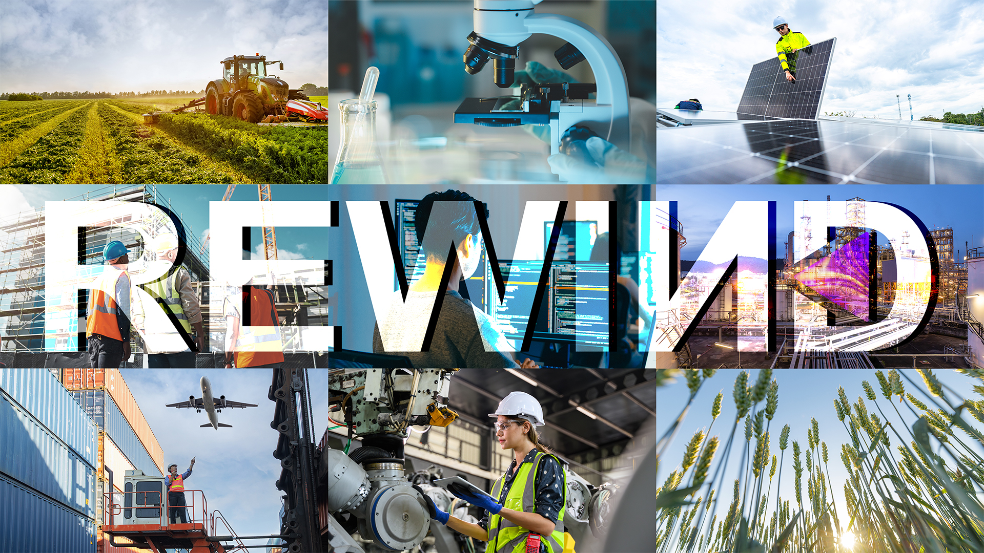 REWIND-Schriftzug über einer Collage aus Branchenbildern: Landwirtschaft, Labor, Solaranlage, Baustelle, Softwareentwicklung, Industrieanlage, Logistik und Maschinenbau